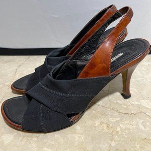 Donald Pliner saddle open toe heels with brown leather strap and wood detail